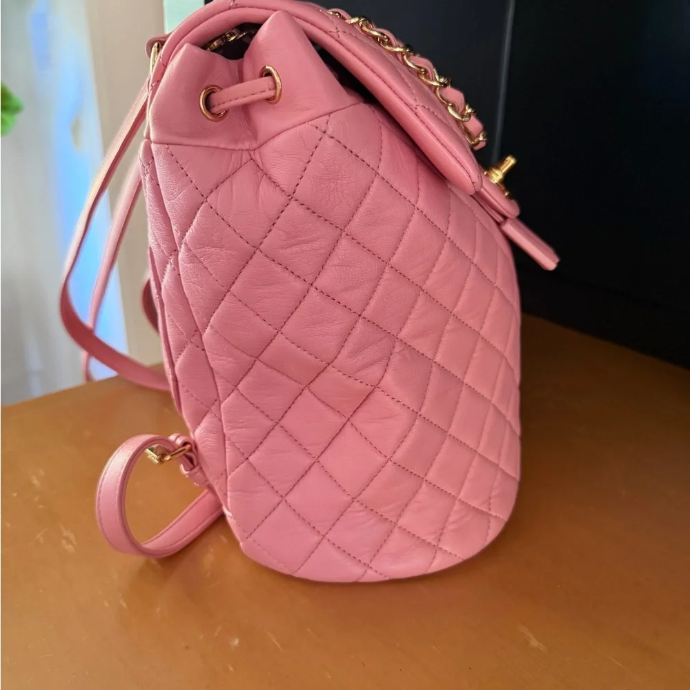 CHANEL Pink Quilted Leather Backpack with Gold Hardware